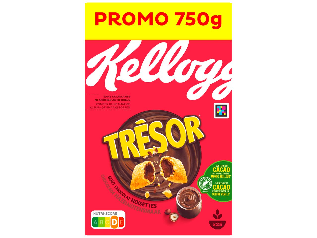 Paquet de céréales Kellogg's Trésor au chocolat et noisettes, format promo 750g.