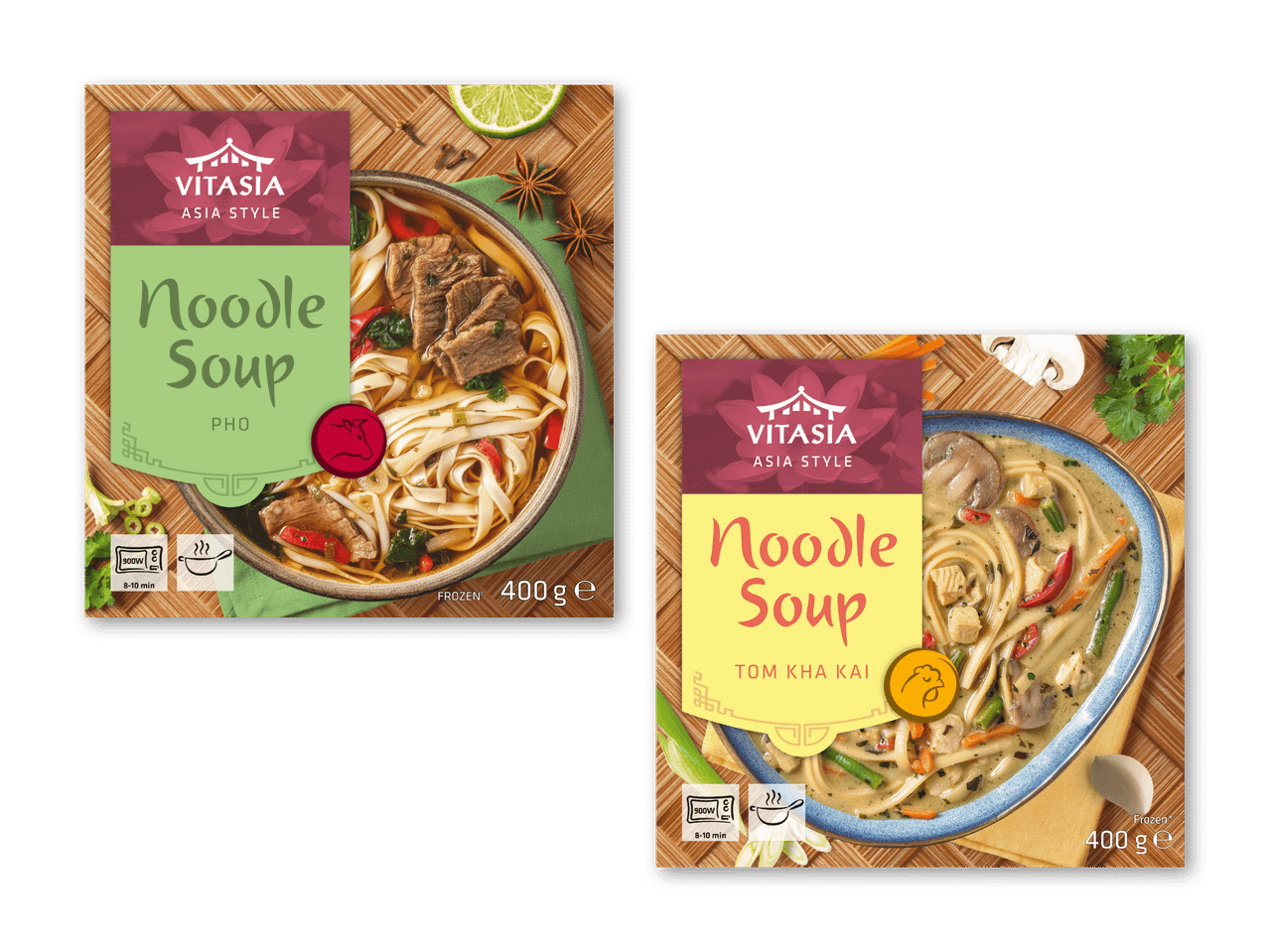 To pakker asiatisk nudelsuppe, en Pho og en Tom Kha Kai, begge frosne og 400g.