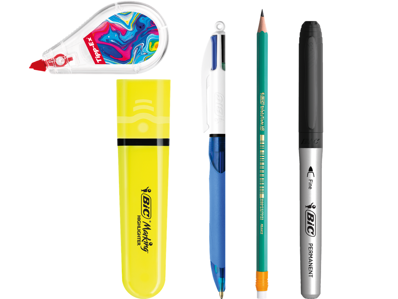 BIC-produkter: Penna, markeringspenna, blyertspenna, Tipp-Ex och permanent tuschpenna.