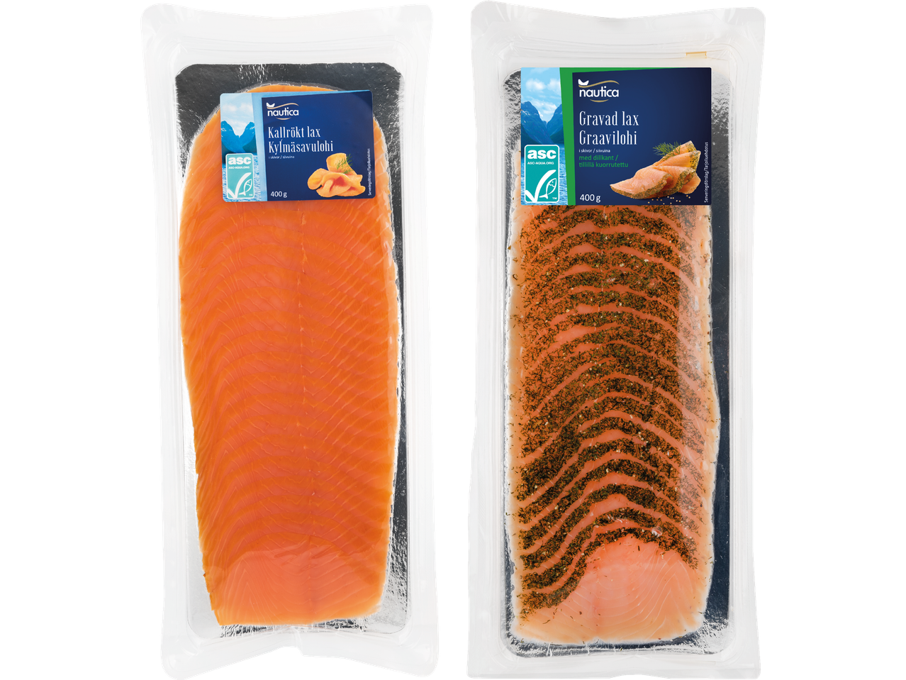 Två förpackningar med laxfiléer: kallrökt lax och gravad lax med dill, båda 400g.