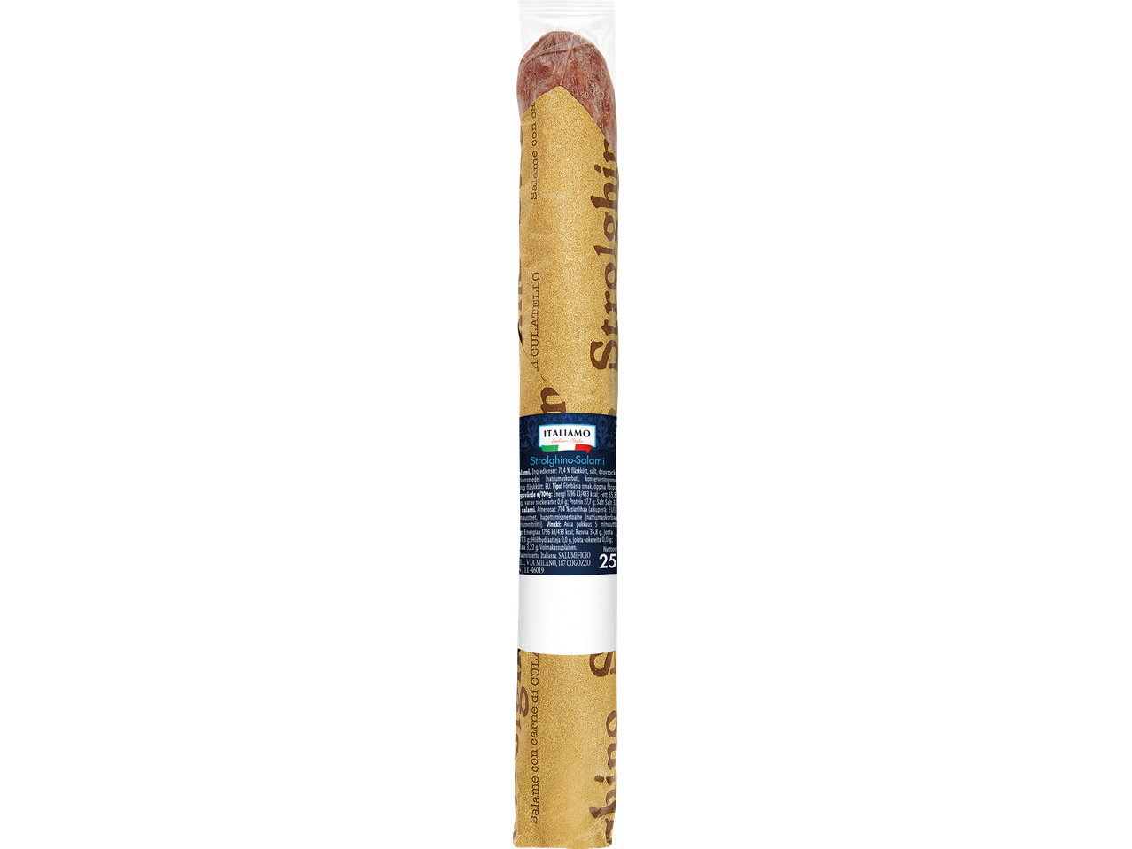 Strolghino-salami med italiensk stil och näringsinformation.