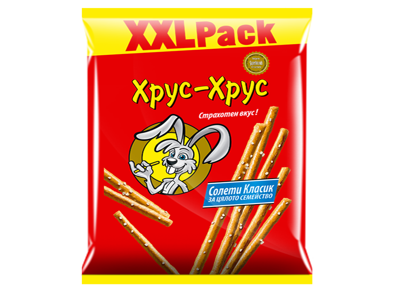 Опаковка солети с надпис 'XXL Pack' и илюстрация на заек, държащ солета.