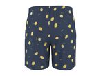 Dark blue shorts with a yellow lemon and green leaf pattern.