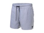 Stribede badeshorts i blå og hvid med snøre i taljen.
