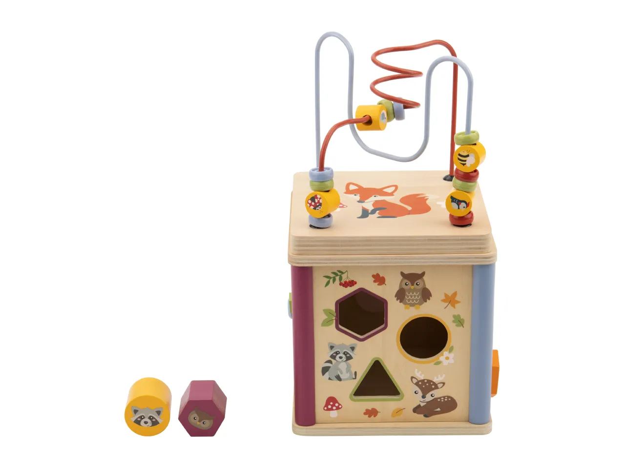 Wooden activity cube with a bead maze, shape sorter, and forest animal illustrations.