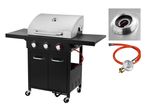 Gasgrill mit Seitenablagen, Temperaturanzeige und Gasschlauch mit Regler.