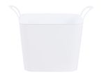 White plastic storage basket with handles