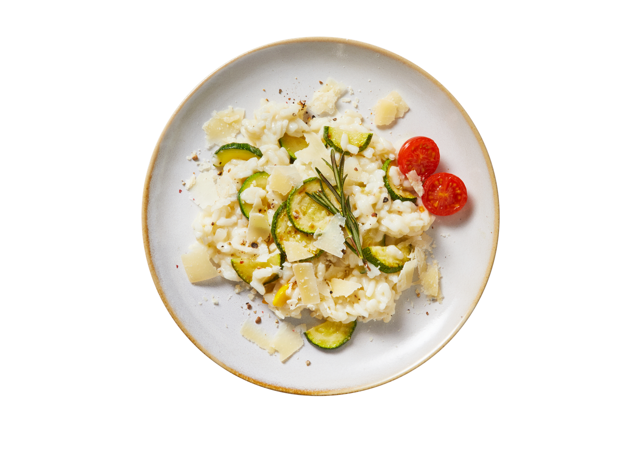 Risotto met courgette, cherrytomaten, rozemarijn en Milbona Parmigiano Reggiano D.O.P.