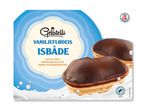 Vaniljeflødeisbåde med jordbærsauce og mørk kakaovertræk, dansk produceret.