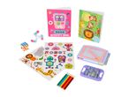 Children's activity set with two books, stickers, a magnetic drawing board, a maze game, a puzzle cube, a fidget toy, and colored pencils.