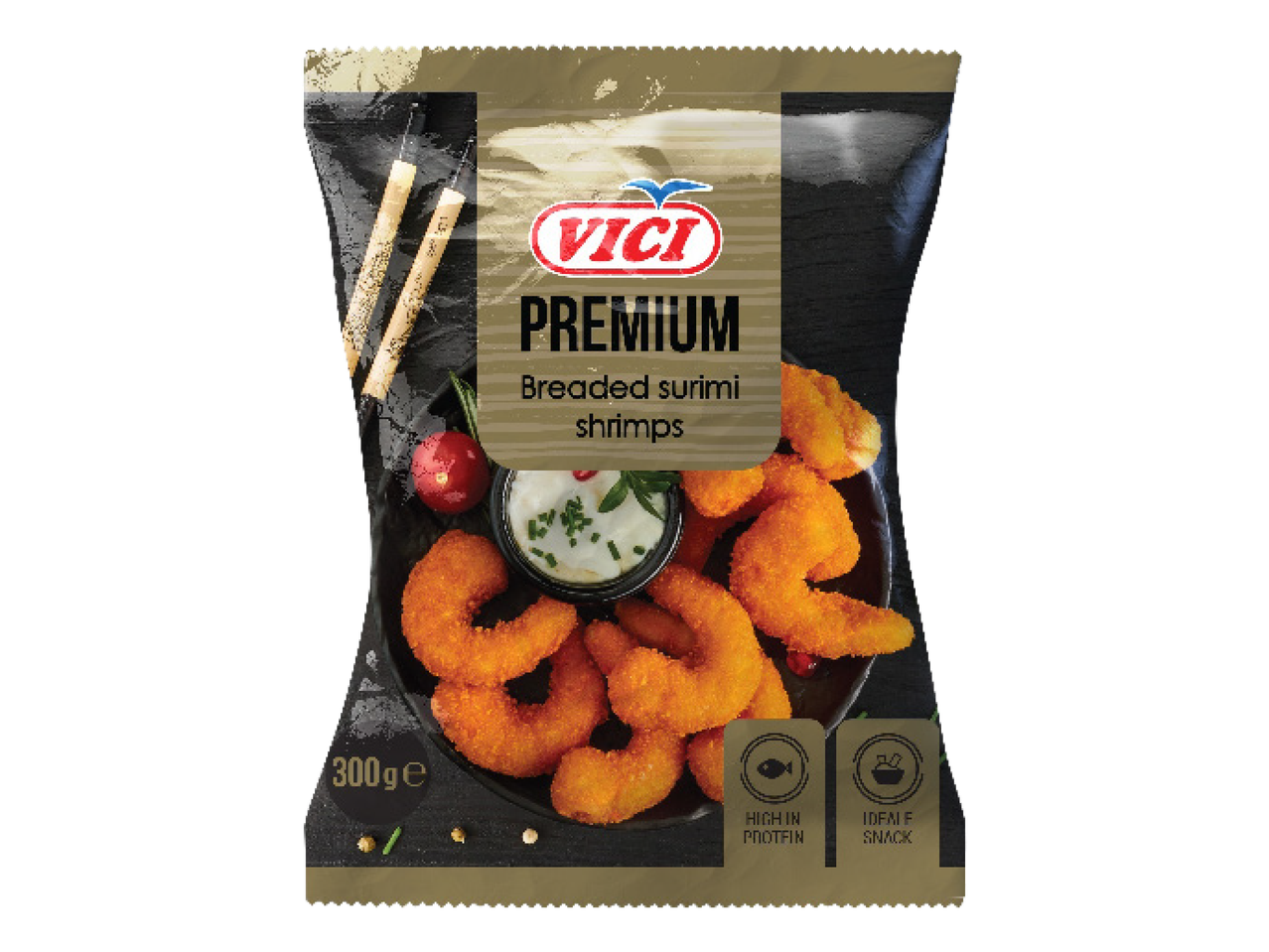 VICI Premium panētas surimi garneles ar mērci un garšvielām.