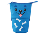 Estojo azul com motivo de cão e ossos brancos, ideal para canetas de gel.