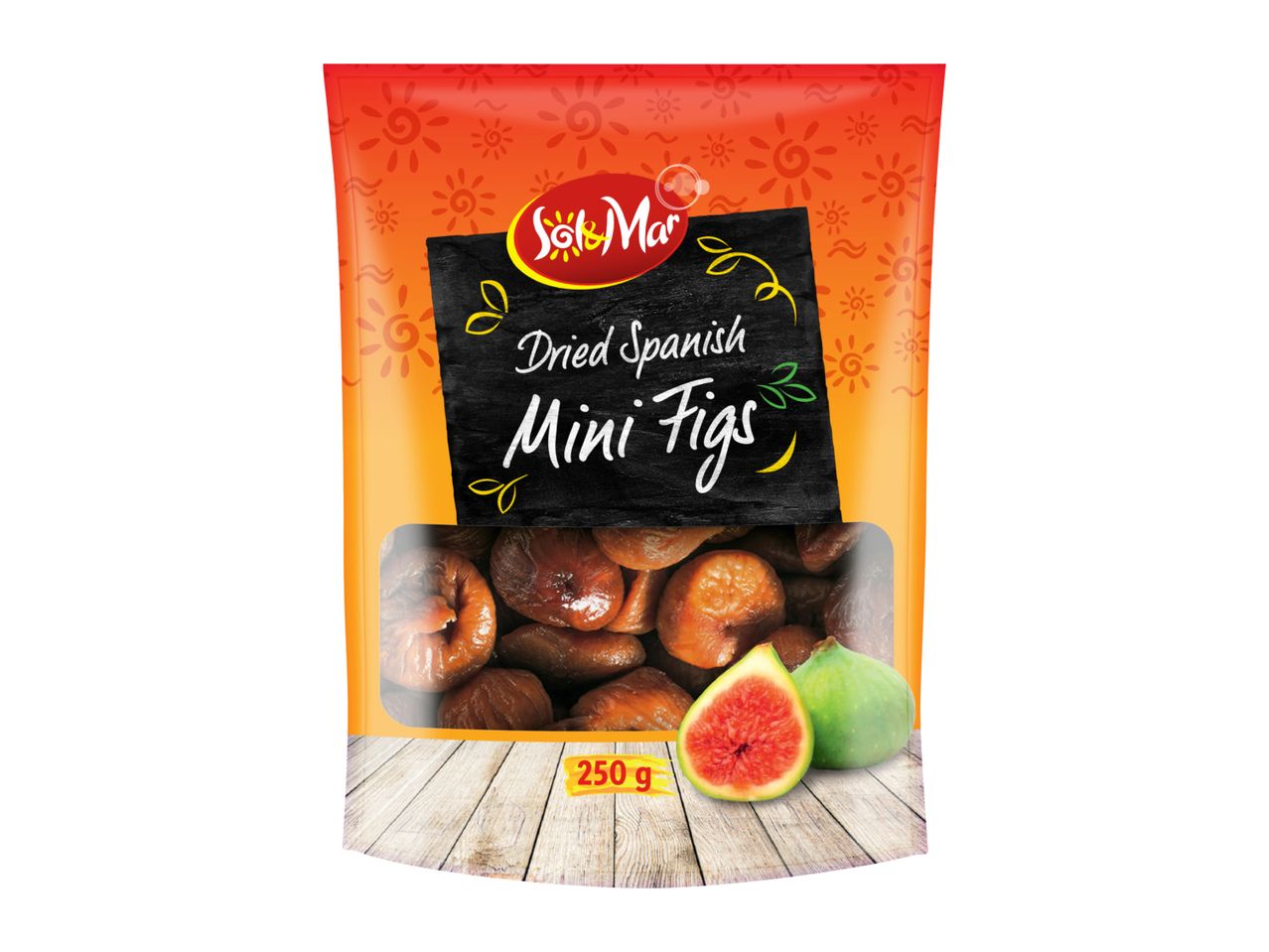 Pouch of dried Spanish mini figs with a window showing the product, fresh figs, and 250g label.