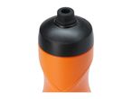 Close-up of an orange sports bottle with a black cap and spout.