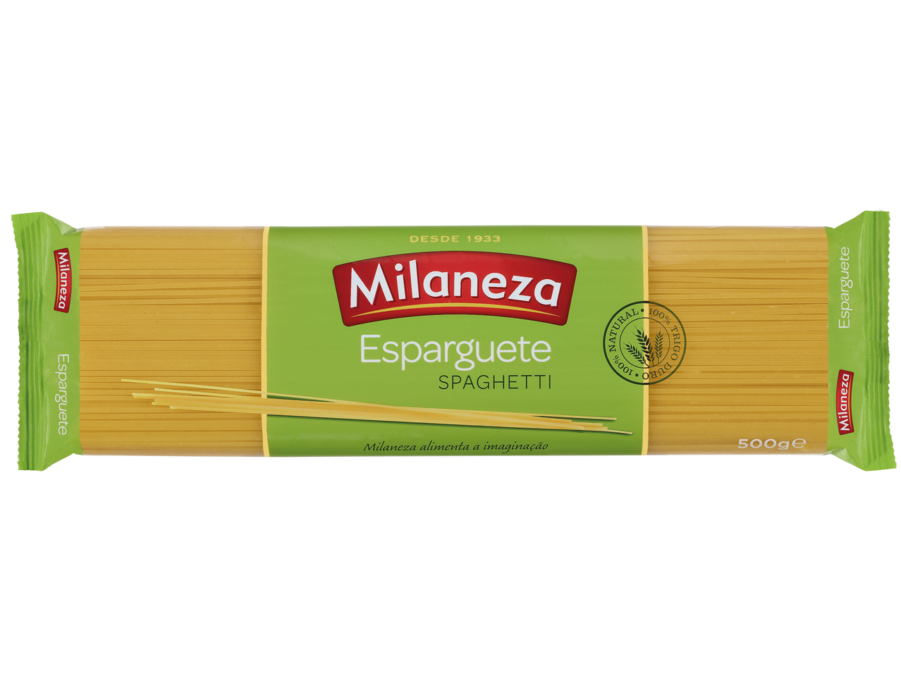 Milaneza Esparguete, 500g, embalagem verde com esparguete visível.