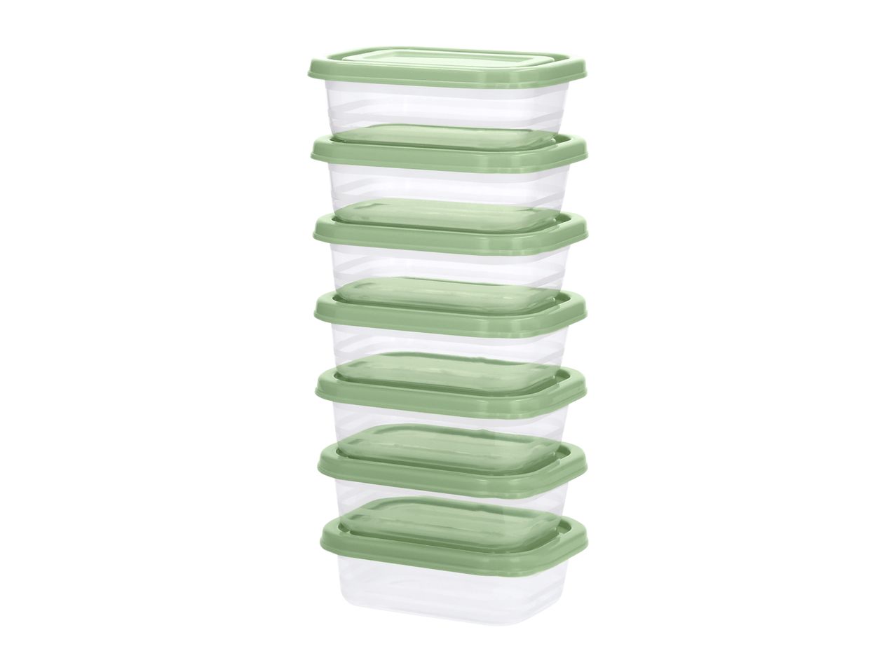 A stack of seven clear rectangular food storage containers with light green lids.