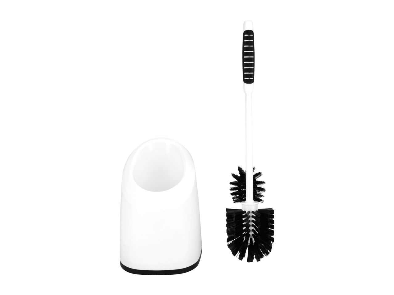 White toilet brush with black bristles and a white holder on a white background.