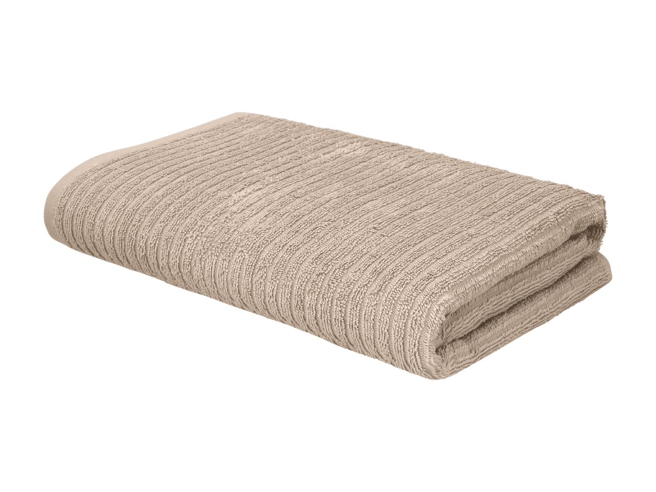 Foldet beige håndklæde med ribbet tekstur.