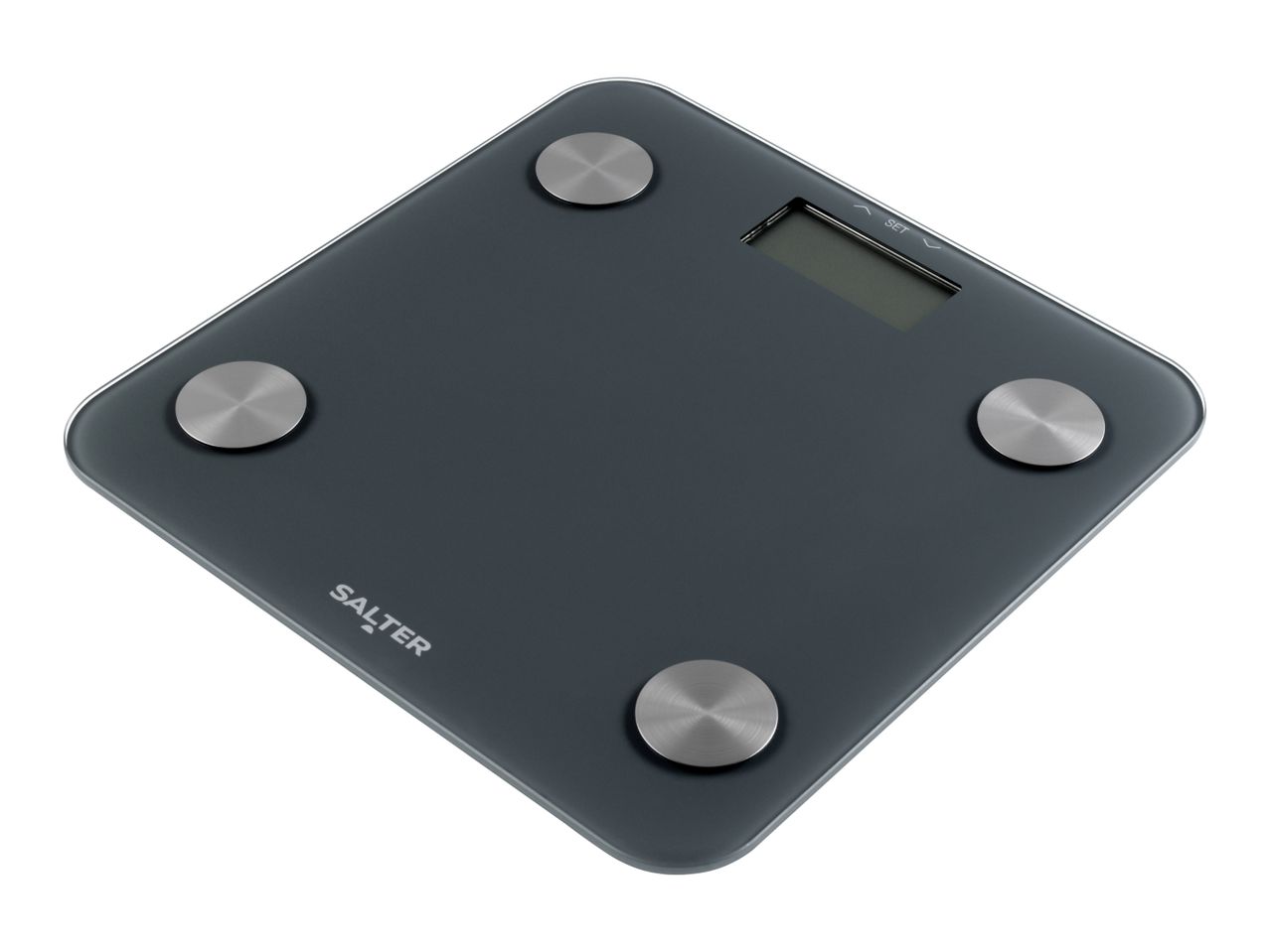 Dark grey square bathroom scale with a digital display and four silver circular sensors.