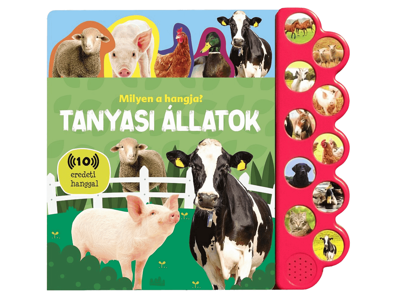 Tanyasi állatok hangoskönyv tíz gombbal és színes illusztrációkkal.