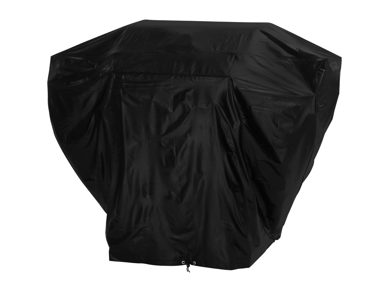 Black grill cover with a drawstring at the bottom, isolated on a white background.