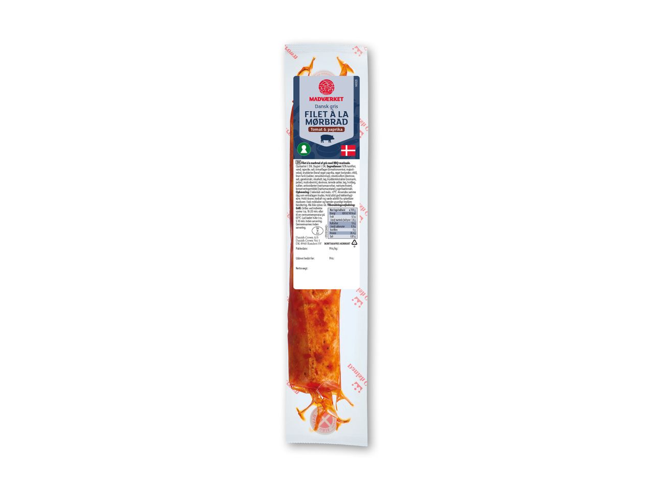 Pakket svinefilet marineret med tomat og paprika, med ernæringsoplysninger og tilberedningsvejledning.