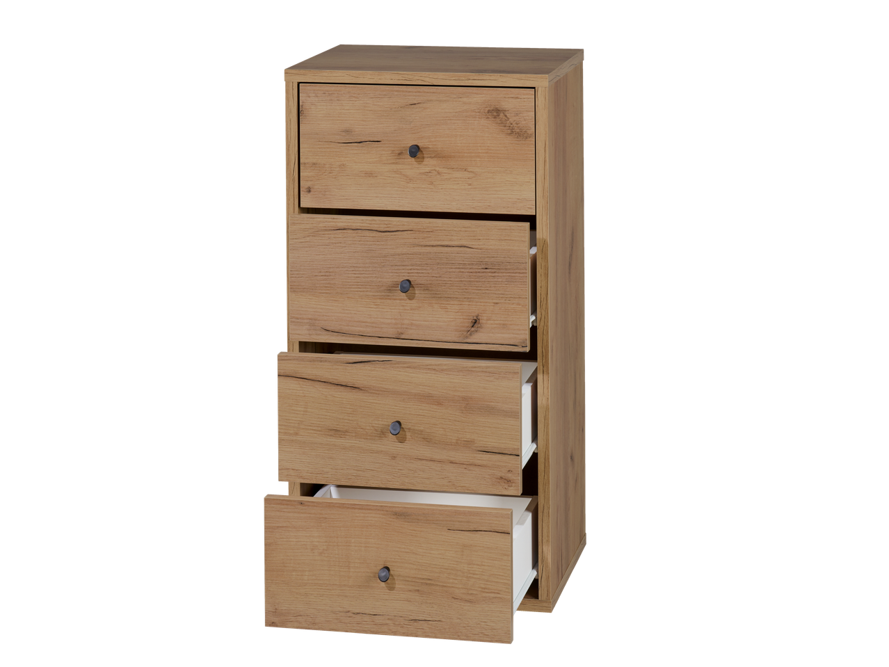 Livarno kumode ar četrām gaišām koka atvilktnēm, divas atvērtas.