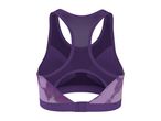 Purple sports bra with a racerback design and patterned side panels.