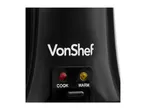 A close-up of a black VonShef appliance with red and yellow indicator lights for 'COOK' and 'WARM' settings.