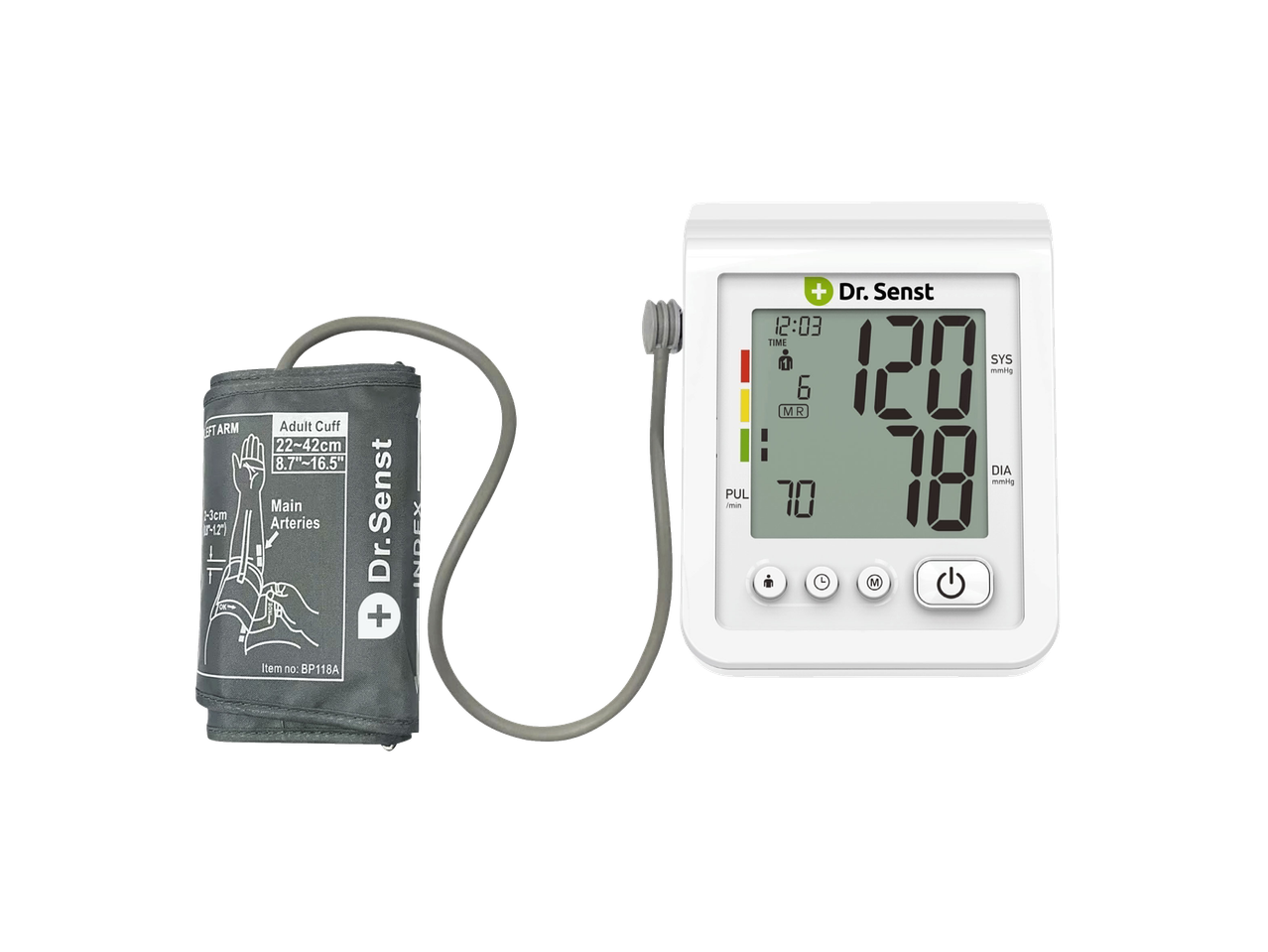 Medidor de pressão arterial de braço DR. SENST com braçadeira e ecrã digital a mostrar 120/70 mmHg.