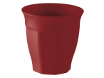 A single red plastic cup with a slightly flared rim and faceted sides.