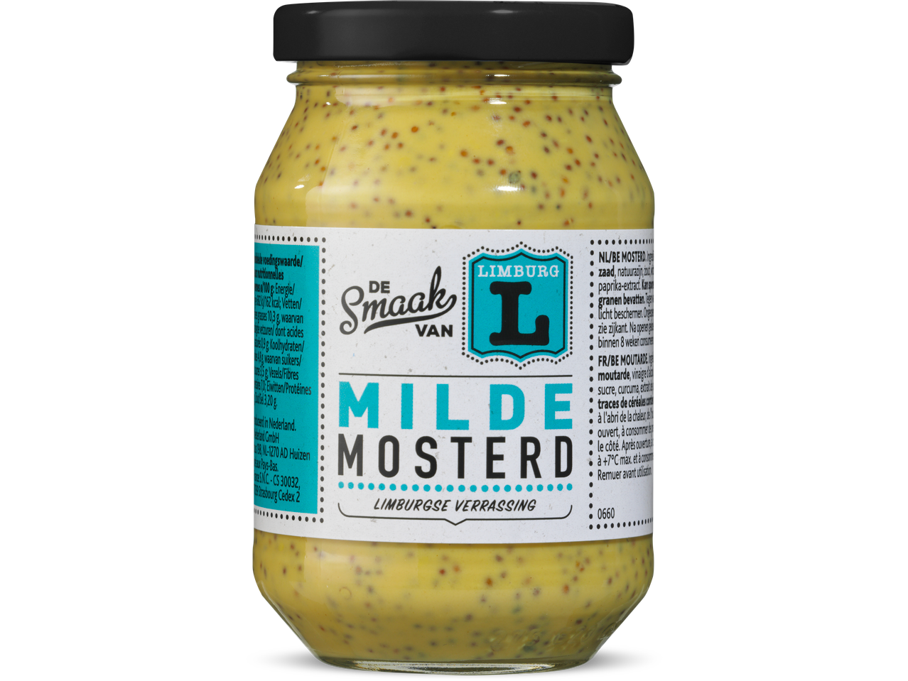 Potje De Smaak van Limburg Milde Mosterd met een zwarte deksel.