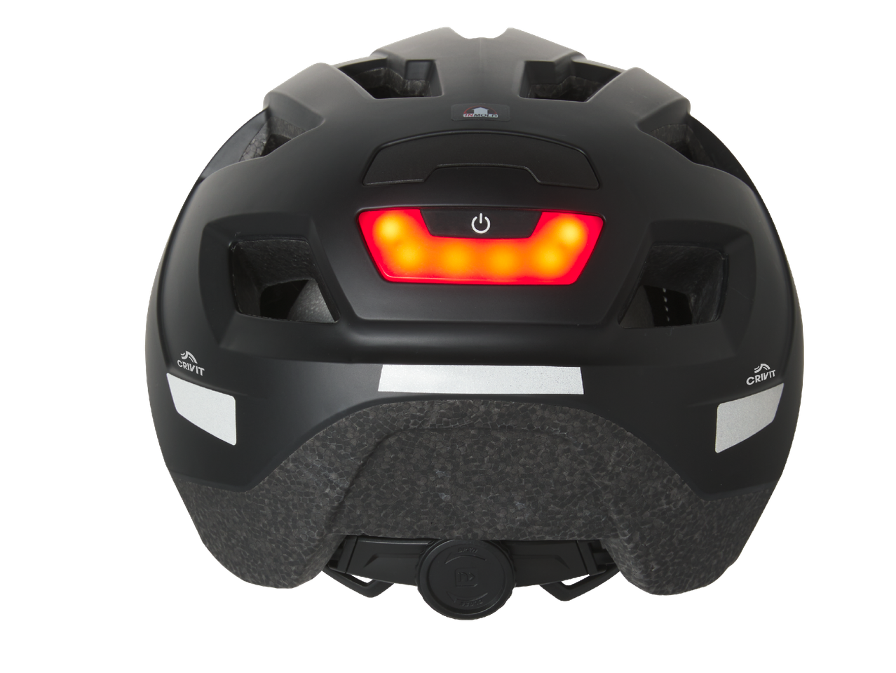 Задна част на черна велосипедна каска с червена LED светлина и светлоотразителни елементи.