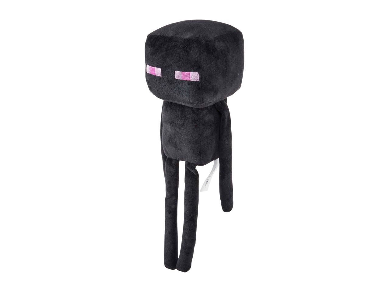 Black plush toy with a block-shaped head and body, long thin limbs, and pink pixelated eyes.