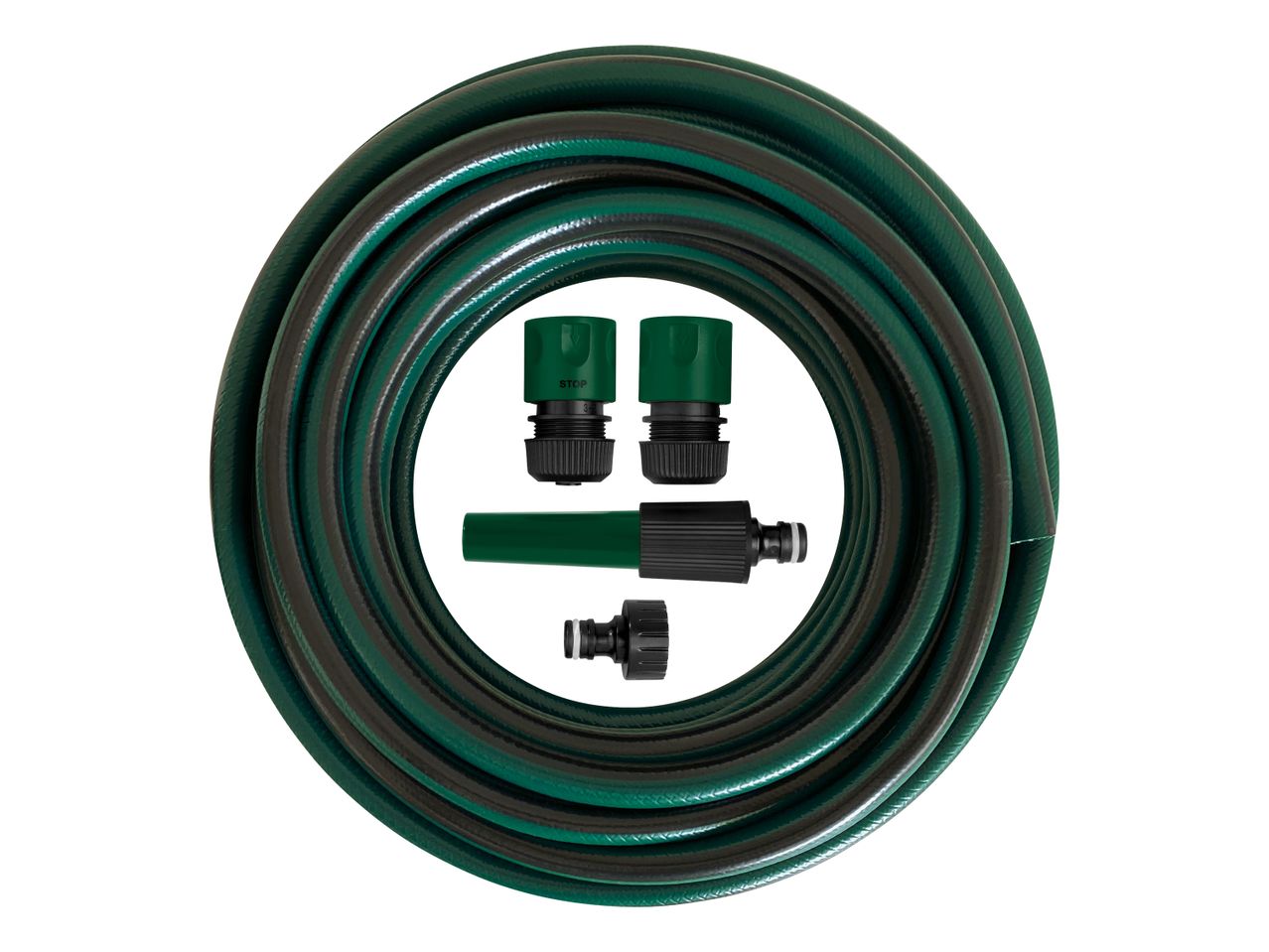 A coiled green garden hose with assorted connectors.