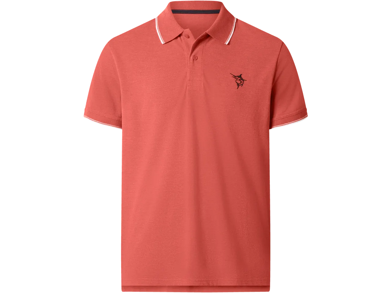 Men's coral polo shirt with white striped collar and sleeves, featuring a marlin embroidery.