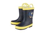 Paw Patrol Chase-themed navy blue and yellow rain boots for kids.