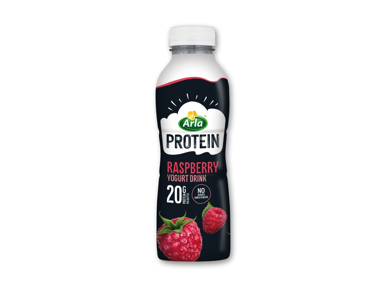 Arla Protein hindbær yoghurtdrik med 20g protein og uden tilsat sukker.