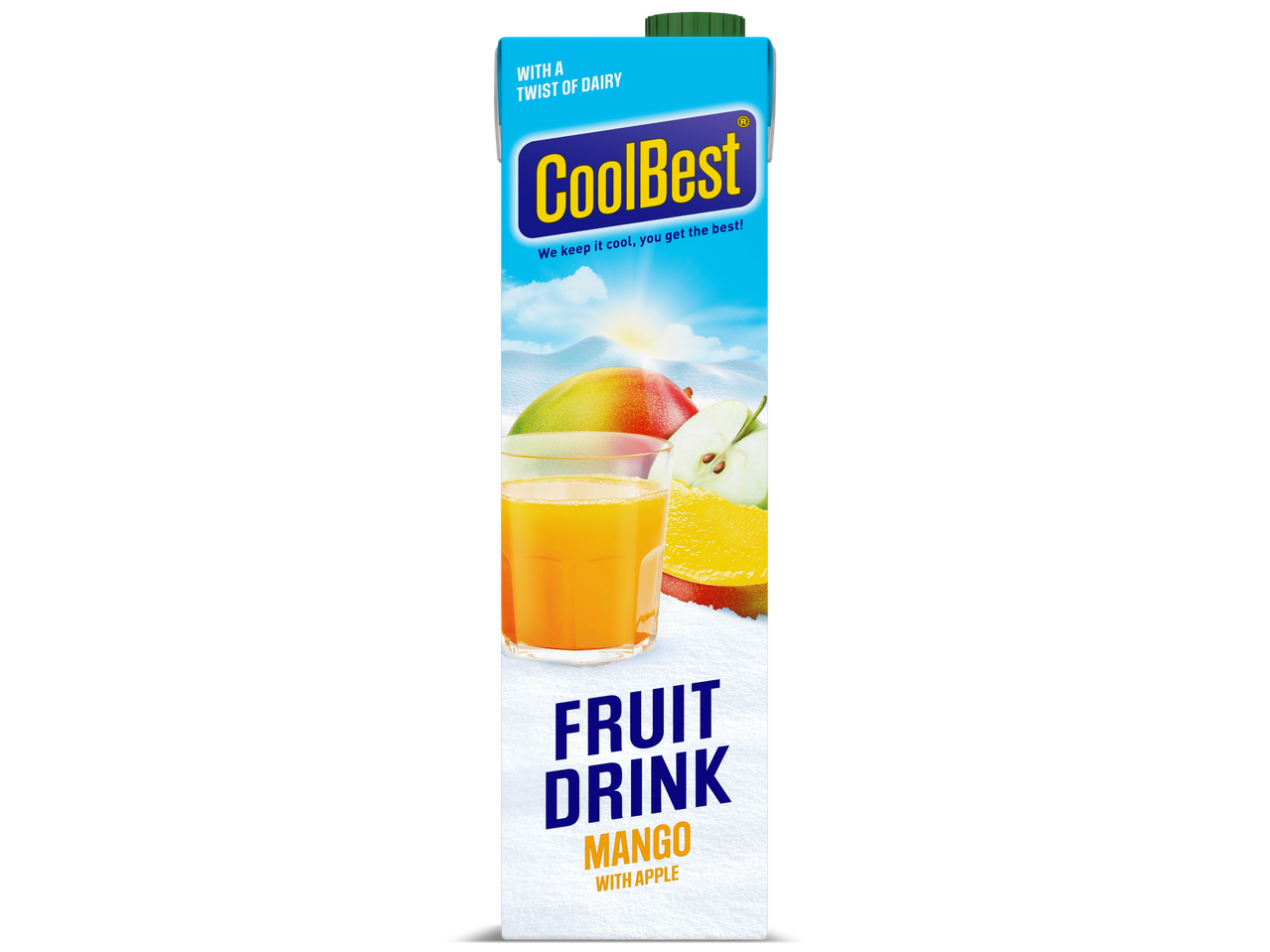 CoolBest Mango met Appel fruitdrankpak met een glas sap en fruit.