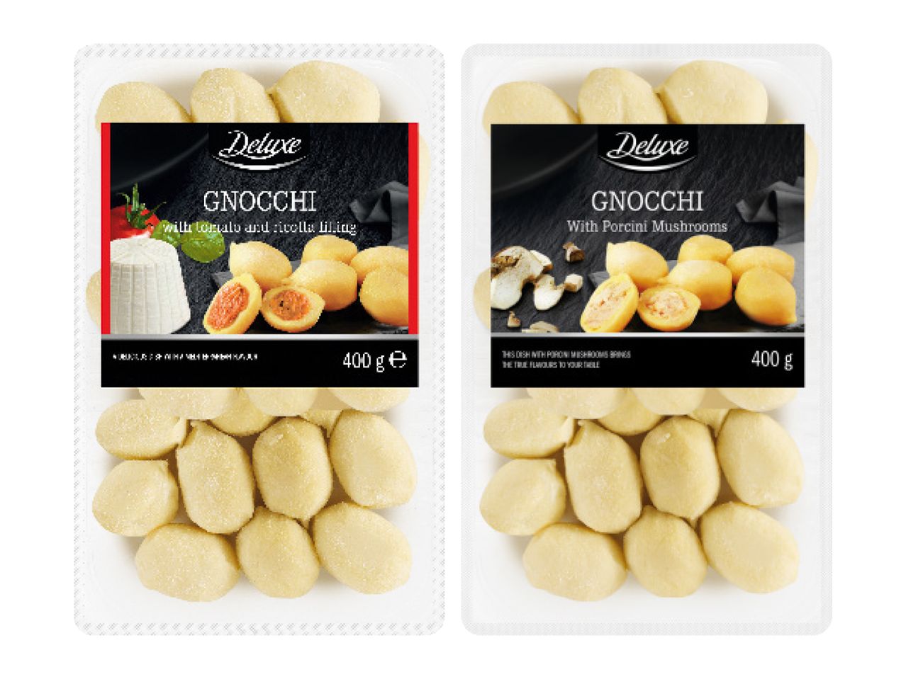 Kaks pakki Deluxe gnocchisid: üks tomati ja ricotta täidisega, teine puravikutega.
