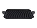 Black cast iron grill pan with ridged surface and two handles