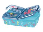 Blue lunchbox with three compartments and Stitch character designs on the lids.