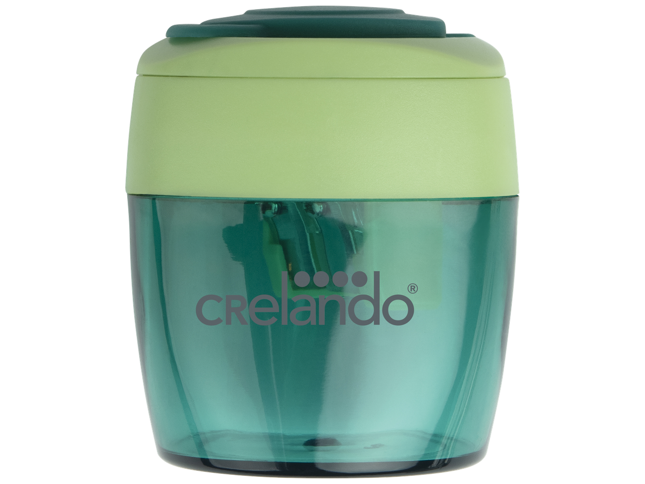 Taille-crayon vert et transparent avec le texte 'crelando' sur le côté.