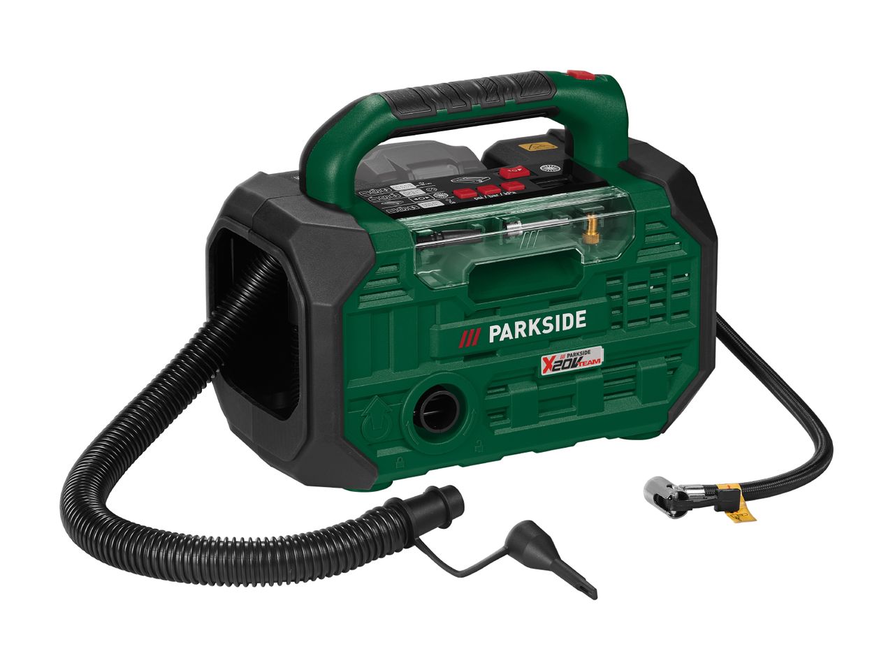 Parkside X 20V Team kompressor i grøn og sort med slanger og tilbehør.