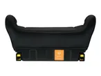 Black booster car seat with an orange label showing '125-150cm' and 'UN Regulation No. 129/04'.