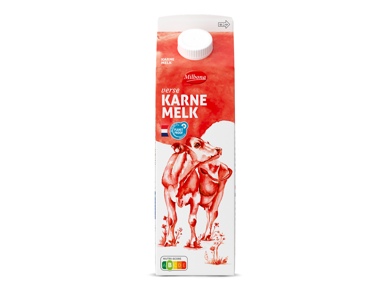 Karnemelkpak met een illustratie van een koe en de Nutri-Score A.