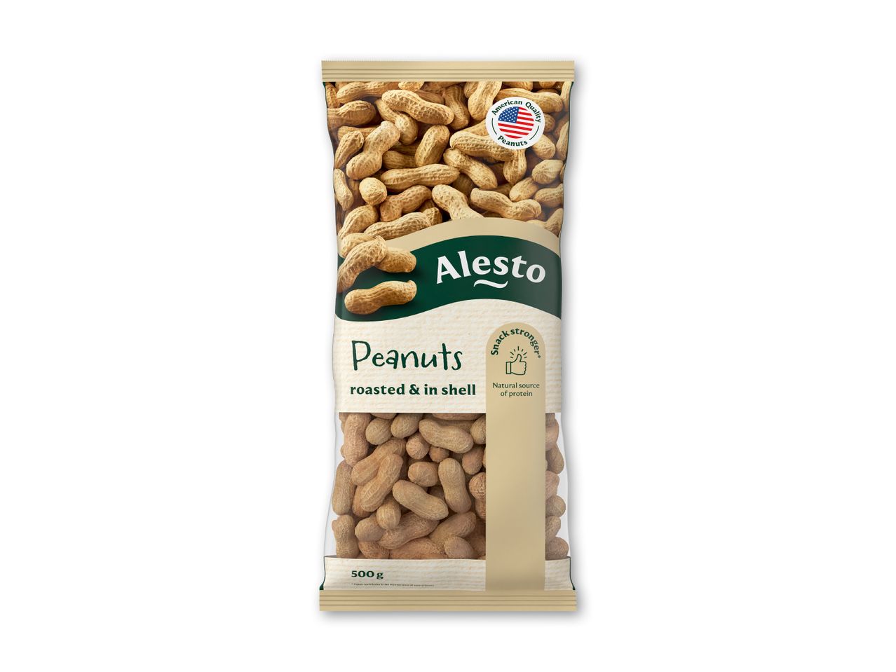 Pose med ristede jordnødder i skal, 500 g, naturlig kilde til protein.