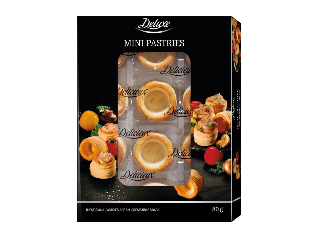 Deluxe Mini Pastries box with empty pastry shells and filled vol-au-vents.