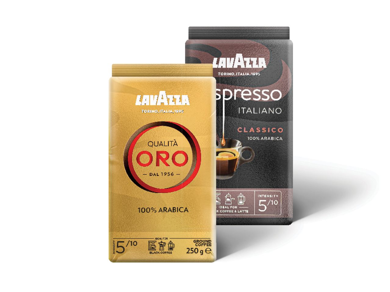 Du Lavazza kavos pakeliai: auksinis „Qualità Oro“ ir tamsus „Espresso Italian Classico“.