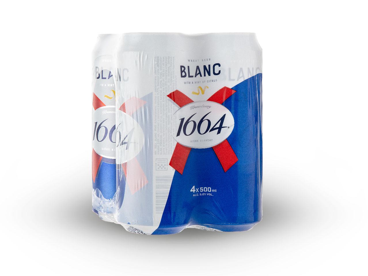 Pakiranje od četiri limenke pšeničnog piva 1664 Blanc s okusom citrusa.